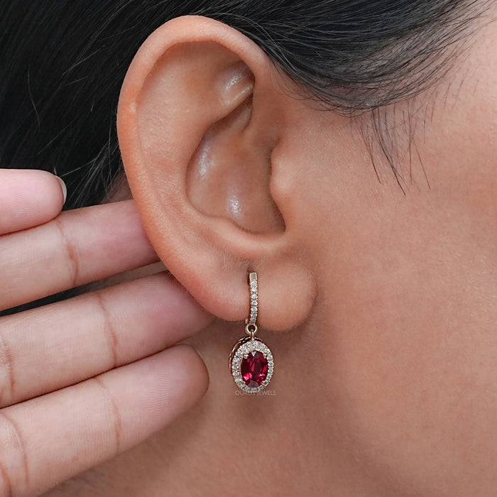 Ruby Oval Cut Halo Drop Dangle Earrings Earrings