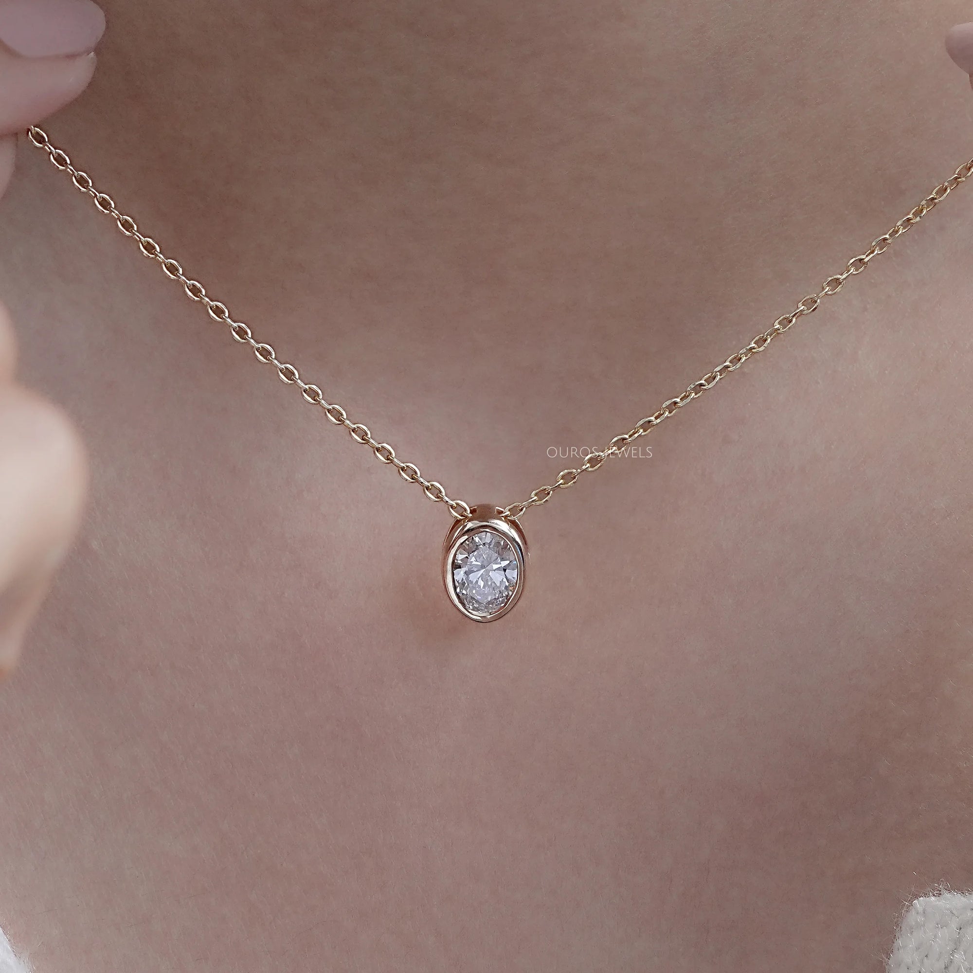 Oval Lab Diamond Bezel Set Solitaire Pendant Necklaces