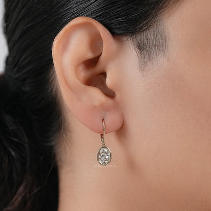 Oval Diamond Bezel Set Drop Hoop Earrings