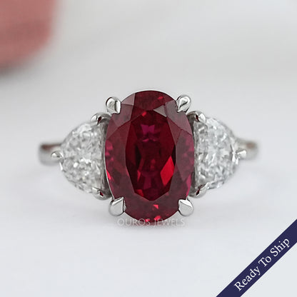 Ruby Oval Gemstone Three Stone Engagement Ring Rings