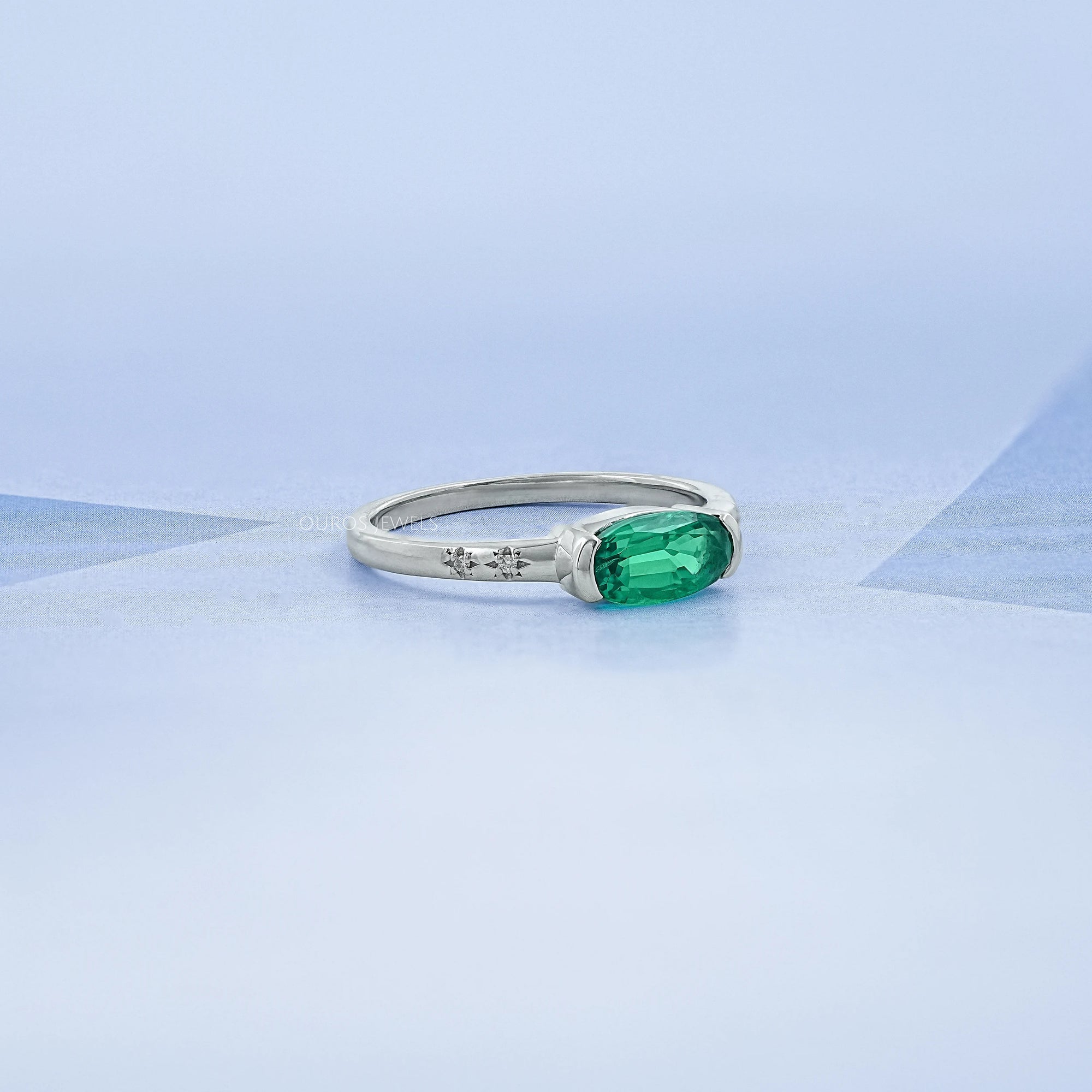 Green East West Oval Gemstone Accent Engagement Ring
