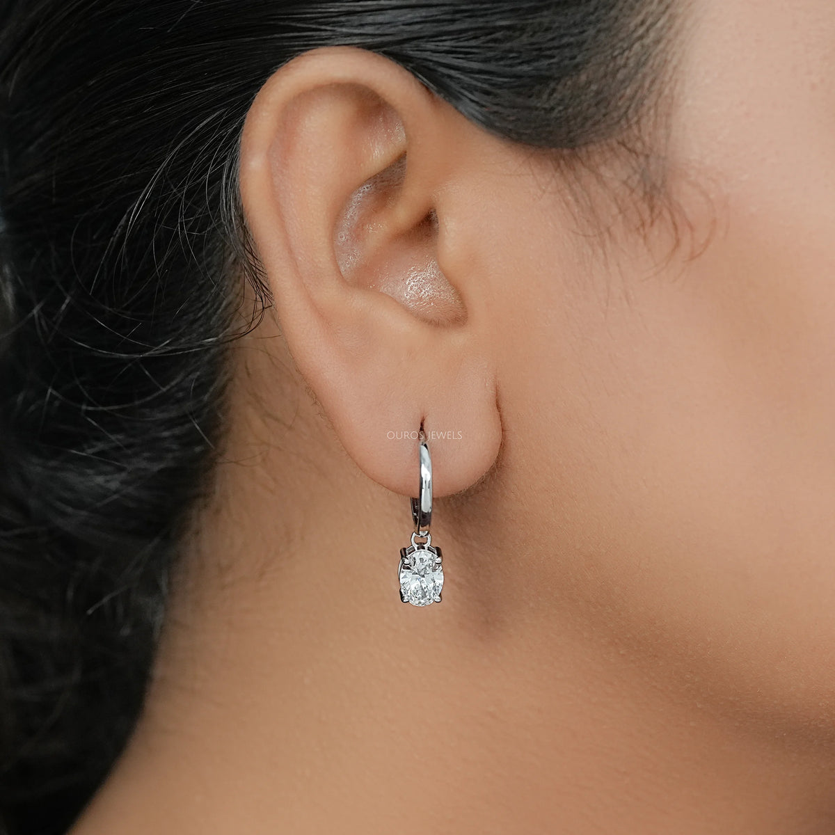 Oval Diamond Dangle Hoop Earrings