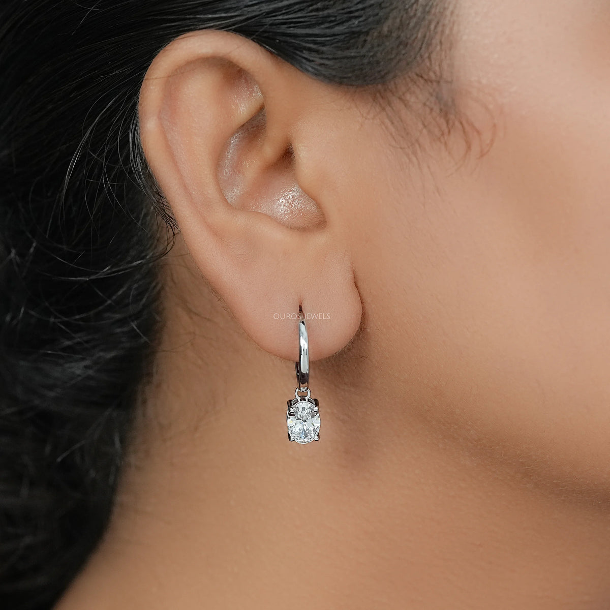 Oval Diamond Dangle Hoop Earrings