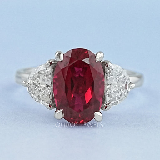 Ruby And Half Moon Diamond Three Stone Ring Ring