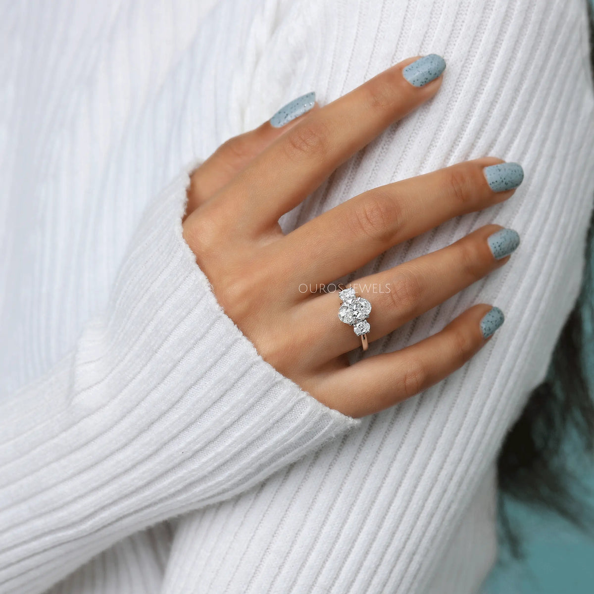 Oval Cut Lab Grown Diamond Three Stone Engagement Ring
