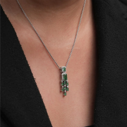 Green Emerald Halo Diamond Chandelier Necklace Set Necklaces