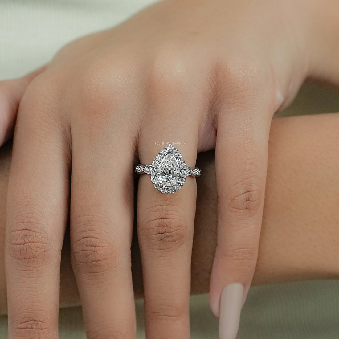 Pear Cut Accent Set Halo Engagement Ring Ring