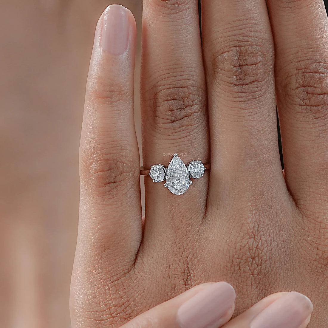 Three Stone Pear Diamond Hidden Halo Engagement Ring Rings