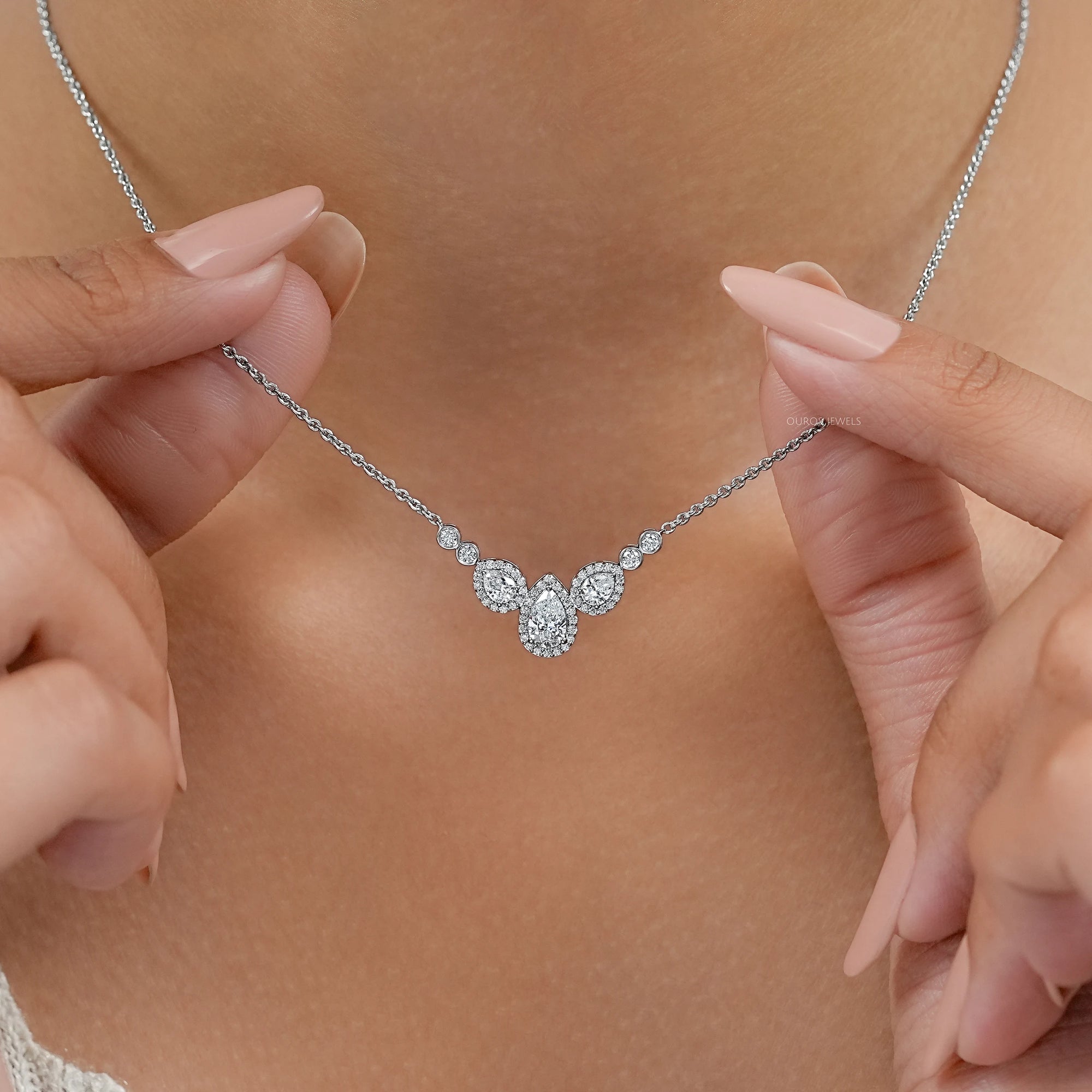 Pear Cut Halo Teardrop Chain Necklace