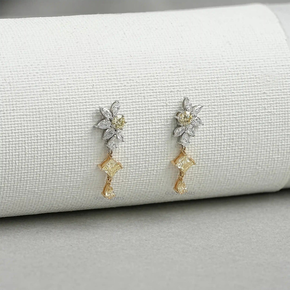 Yellow And White Diamond Floral Drop Earrings Earrings