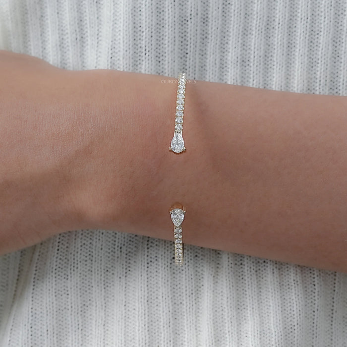 Pear and Round Lab Grown Diamond Open Cuff Bangle Bracelet