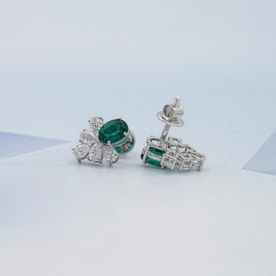 Green Oval And Pear Lab Diamond Floral Stud Earrings Earrings