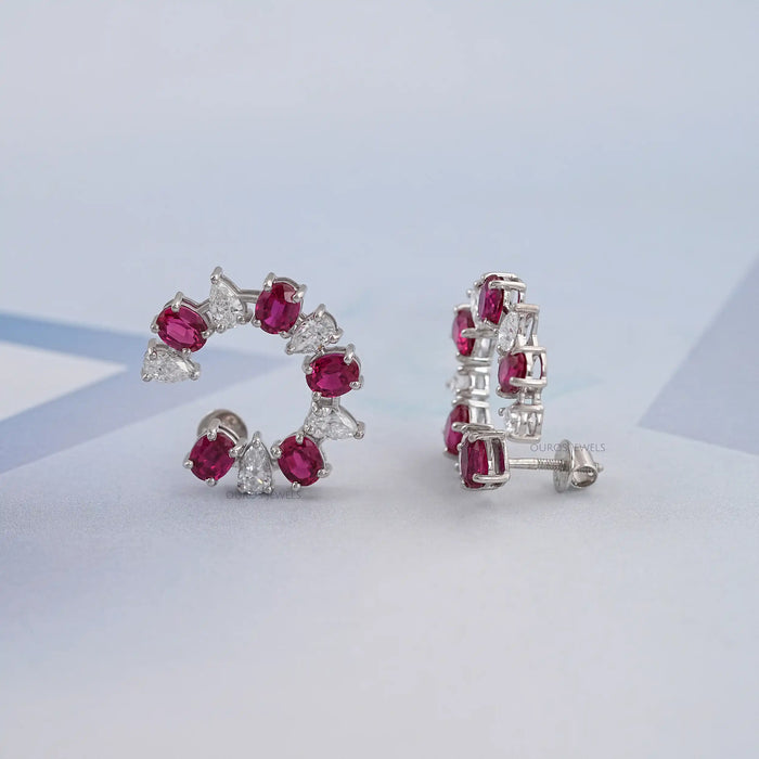Ruby Oval And Pear Diamond Earrings