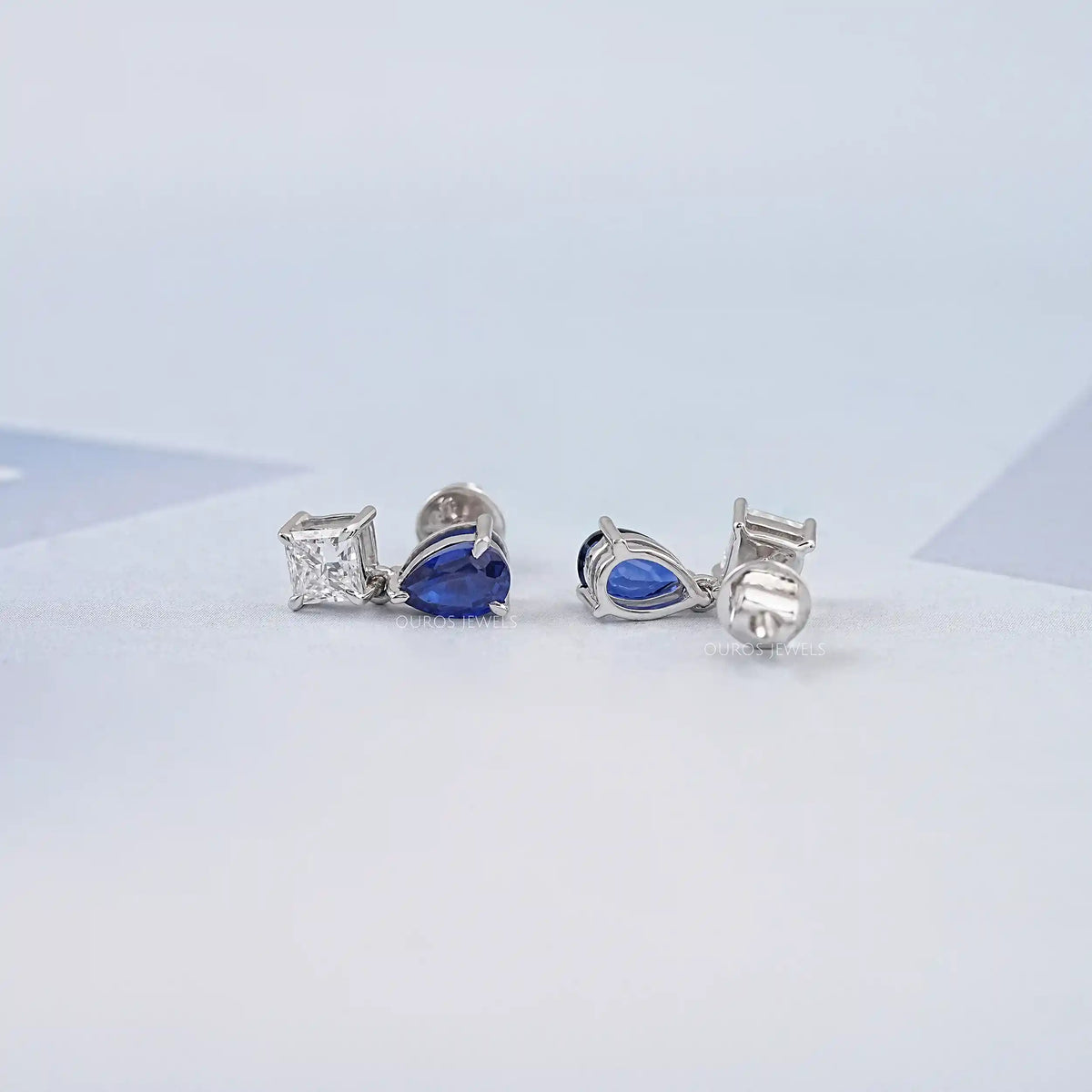 Pear Sapphire And Princess Diamond Two Stone Earrings
