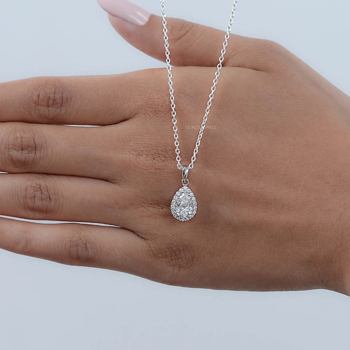 Pear Shape Lab Grown Diamond Halo Pendant Necklaces