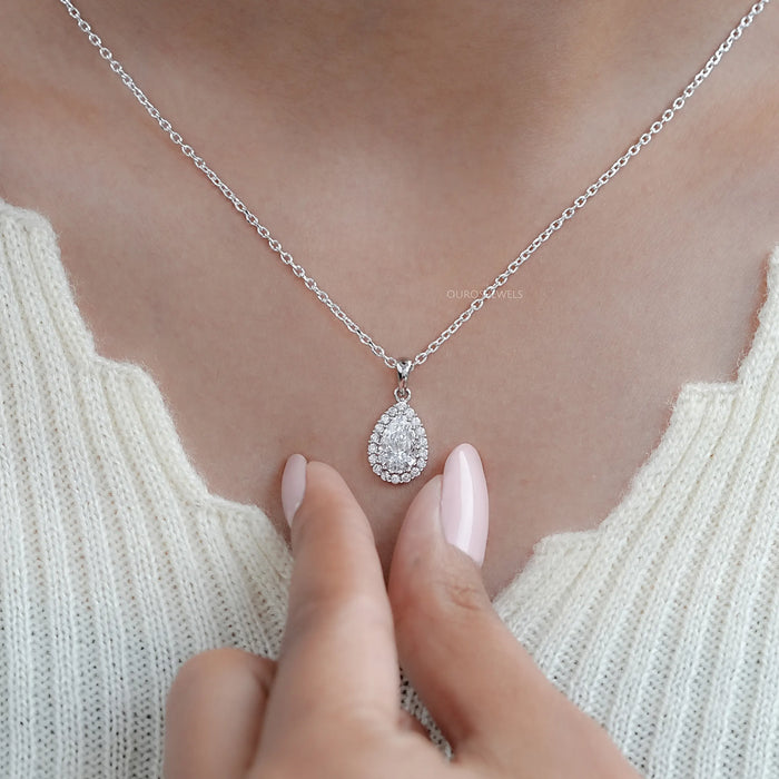 Pear Shape Lab Grown Diamond Halo Pendant Necklaces