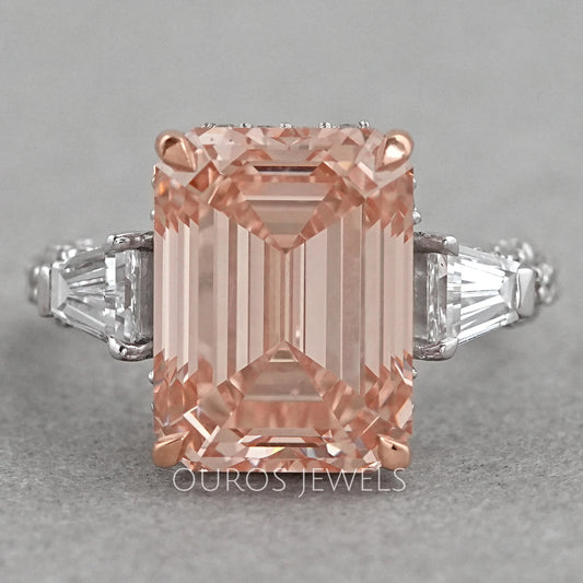 Pink Emerald Lab Diamond Three Stone Hidden Halo Ring Rings