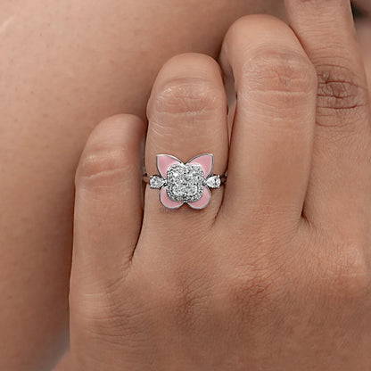 Floral Diamond With Pink Enamel Ring Ring