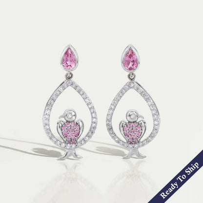 Bezel Set Pink Pear Cut Gemstone Dangle Bird Earrings Earrings
