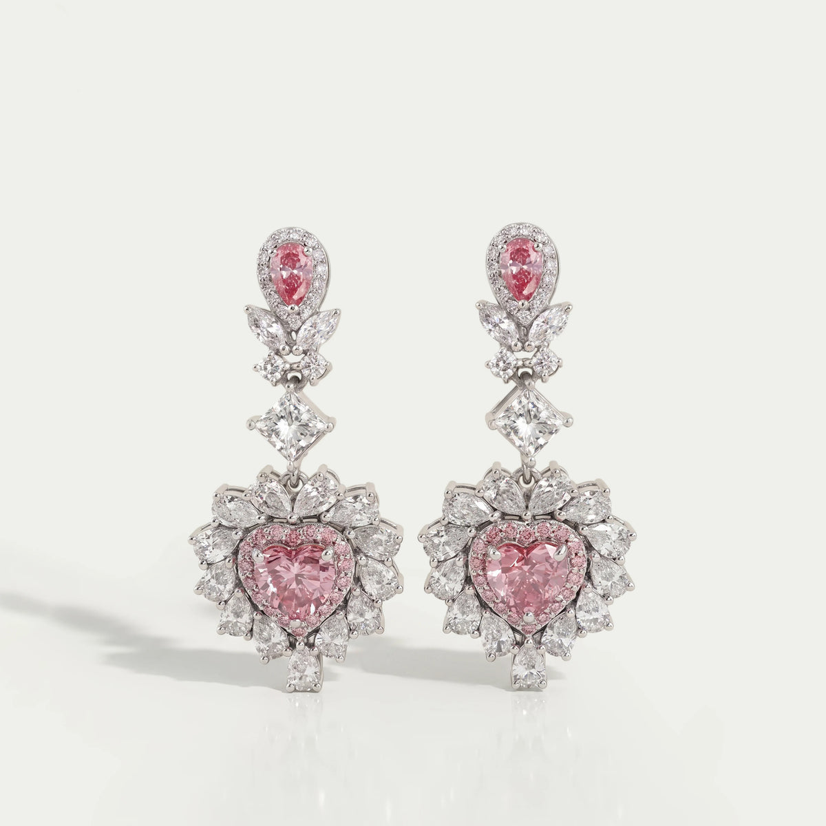 Pink Heart Cut Double Halo Drop Dangle Earrings Earrings