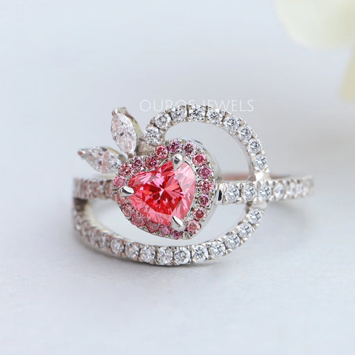 Pink Heart Cut Halo Anniversary Ring