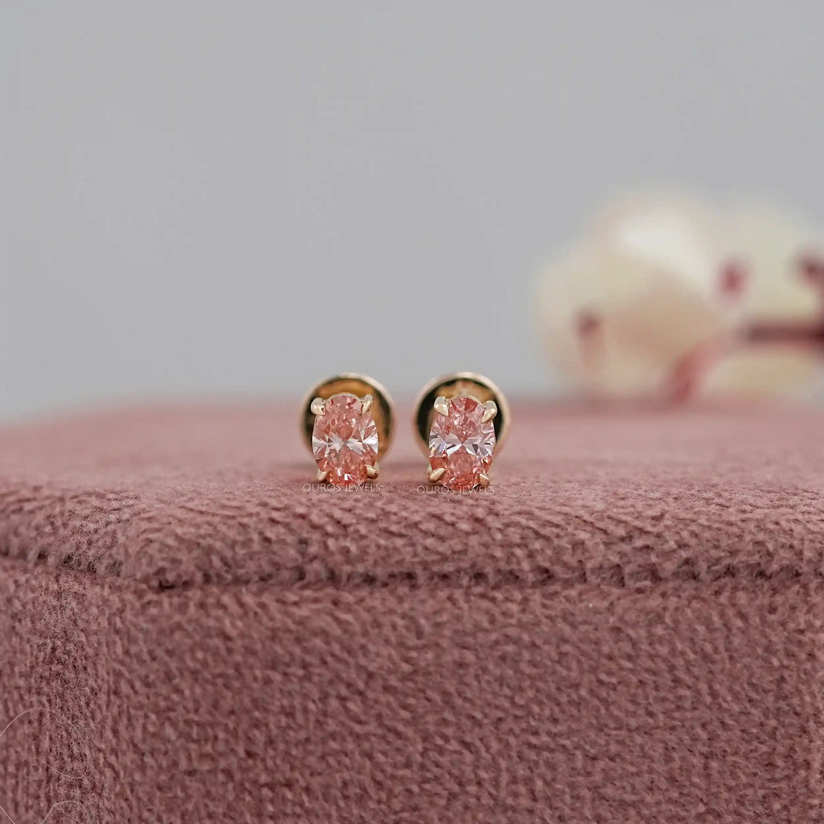 Fancy Pink Stud Earrings, 14K Yellow Gold Oval Stud Earrings