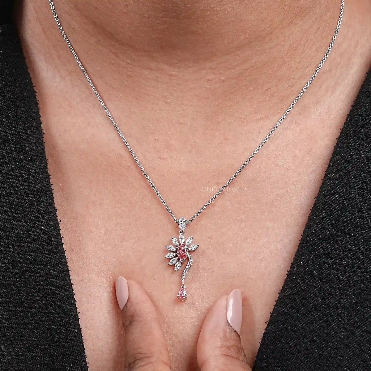 Pink Pear Flower Shape Diamond Pendant Necklaces