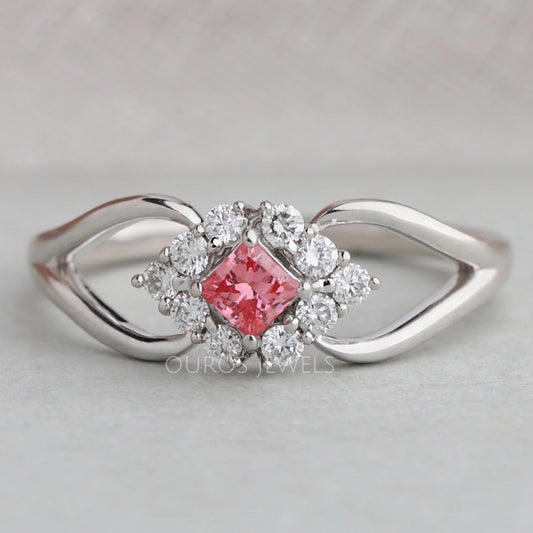 Pink Princess Cut Halo Split Shank Ring