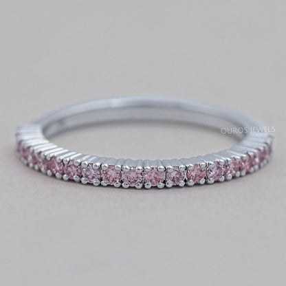 Pink Round Cut Lab Grown Diamond Half Eternity Band Ring