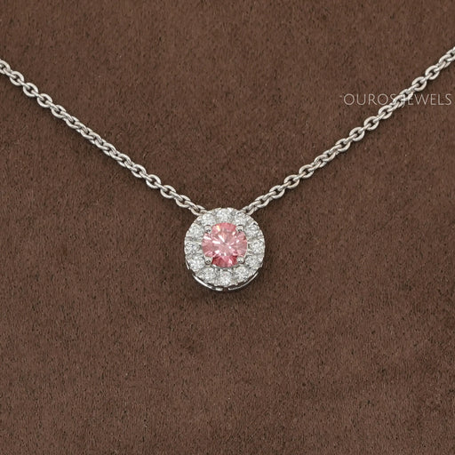 Pink Round Cut Diamond Halo Pendant Necklaces