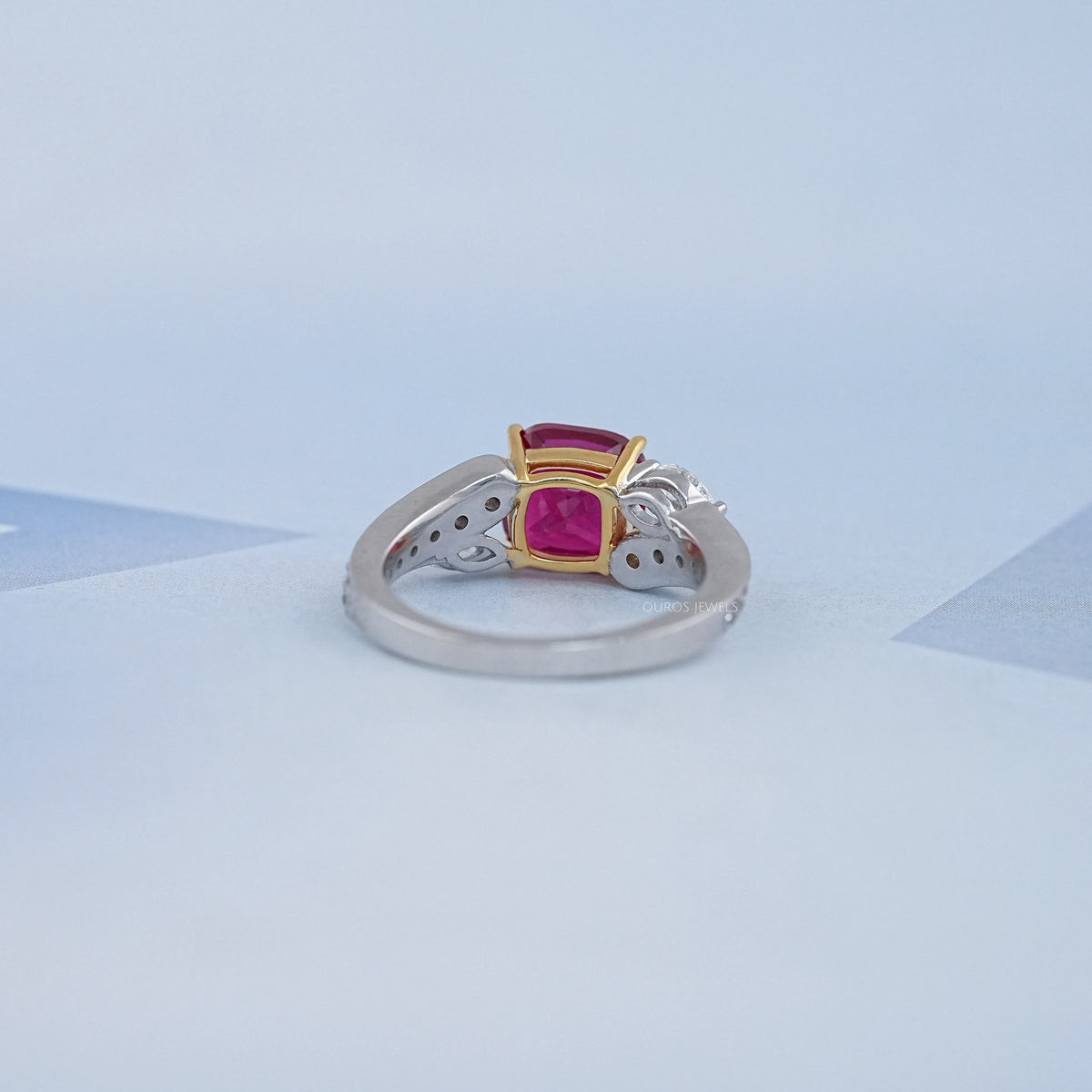 Ruby Cushion Gemstone And Lab Diamond Split Shank Ring Rings