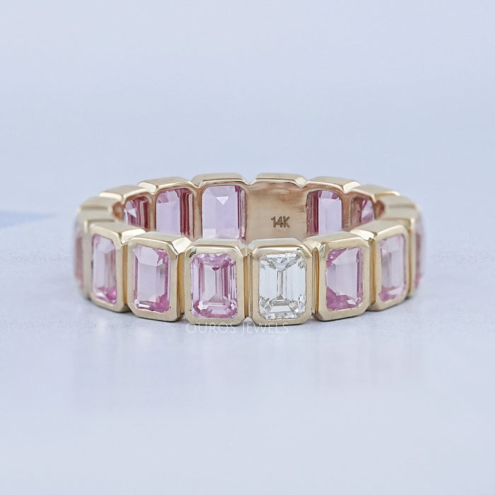 Sapphire Pink Emerald Cut Bezel Set Eternity Wedding Band Rings