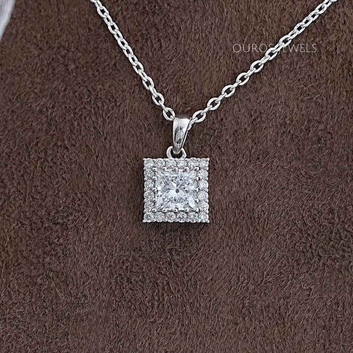 Princess Cut Lab Diamond Halo Pendant Necklaces
