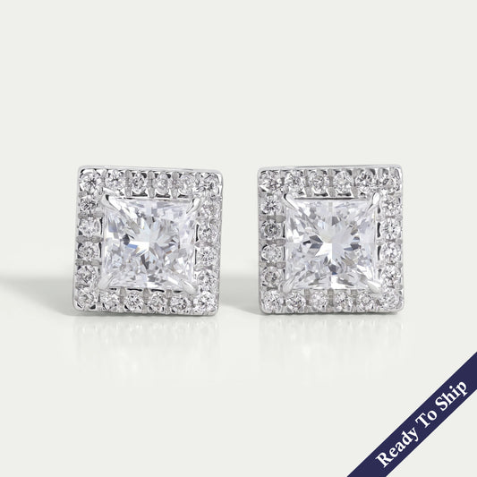 White Gold Princess Cut Lab Diamond Stud Earrings