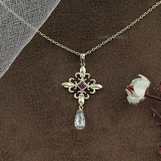 Princess Ruby Gemstone Fleur De Lis Pendant Necklaces
