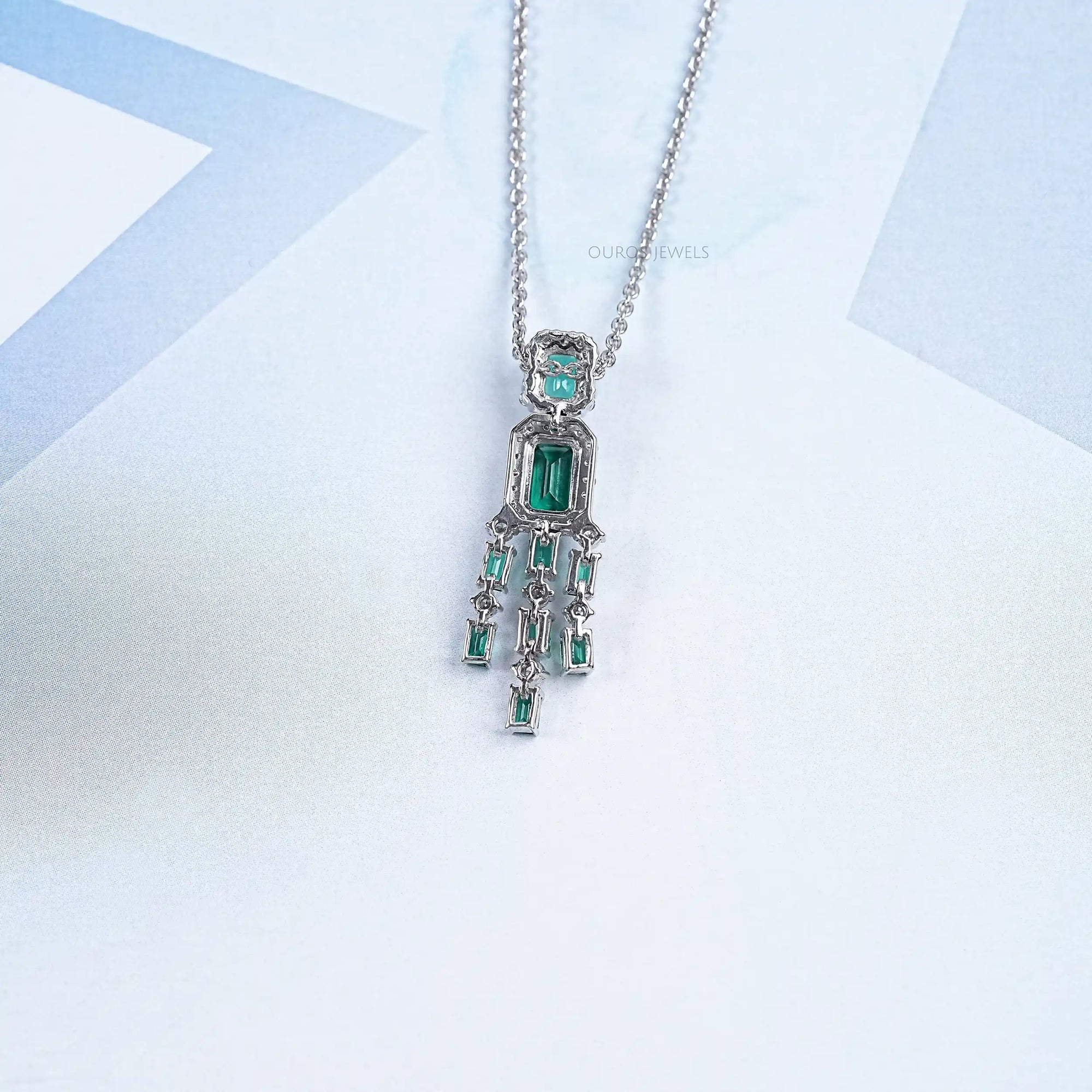Green Emerald Halo Diamond Chandelier Necklace Set Necklaces