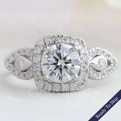 Three Stone Halo Diamond Engagement Ring