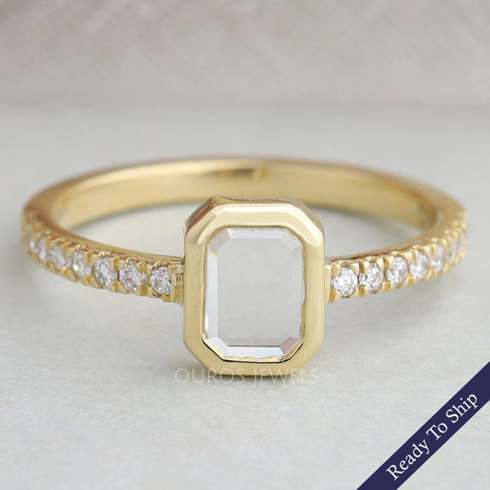 Portrait Cut Emerald Diamond Solitaire Accent Ring