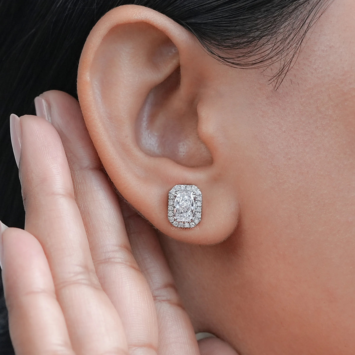 Radiant Diamond Halo Stud Earrings Earring