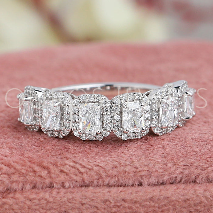 Radiant Cut Halo Half Eternity Wedding Band Rings