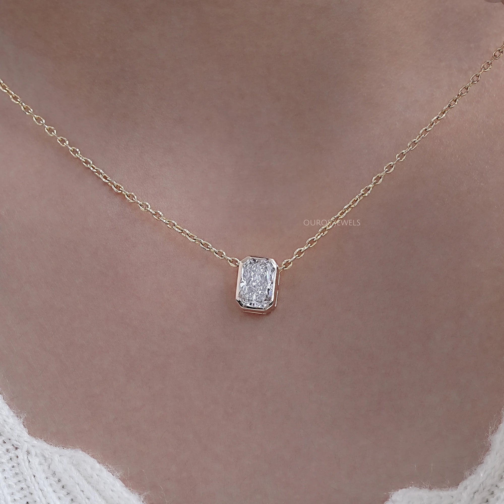 Bezel Radiant Lab Grown Diamond Solitaire Pendant Necklaces