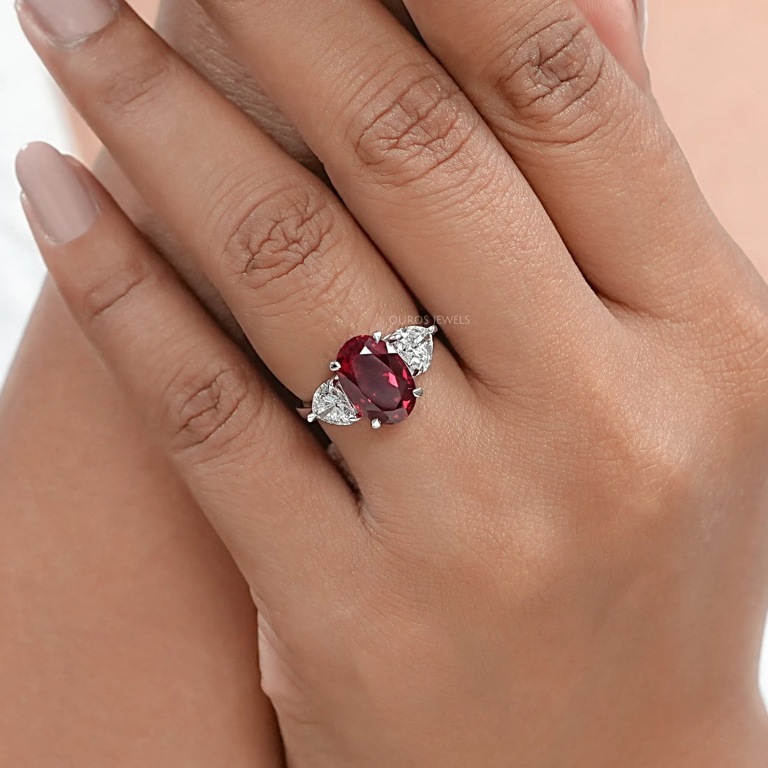 3 Stone Oval Ruby Lab Gemstone Ring Ring