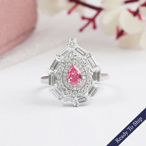 0.40 CT Pink Pear Cut Lab Diamond Double Halo Ring Ring