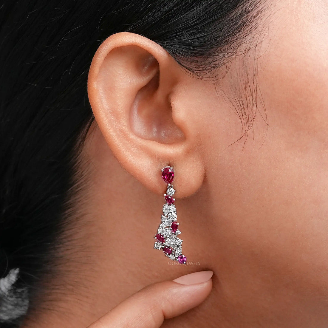Ruby Pear Gemstone Cluster Dangle Earrings