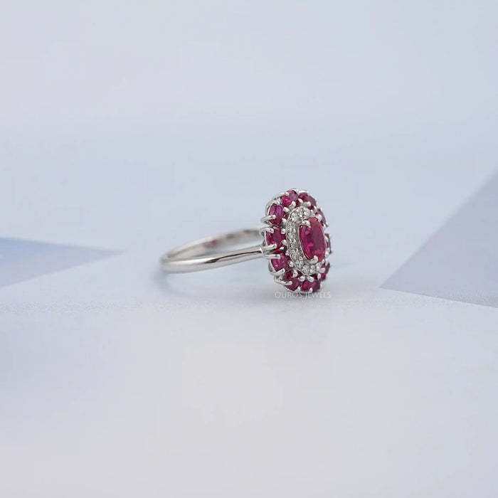 Round and Red Oval Diamond Double Halo Engagement Ring Ring