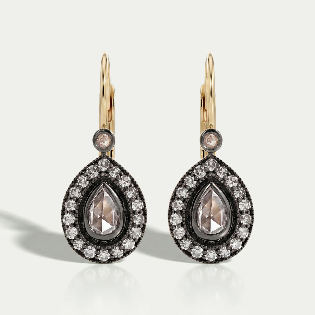 Rose Cut Pear Halo Diamond Dangle Earrings