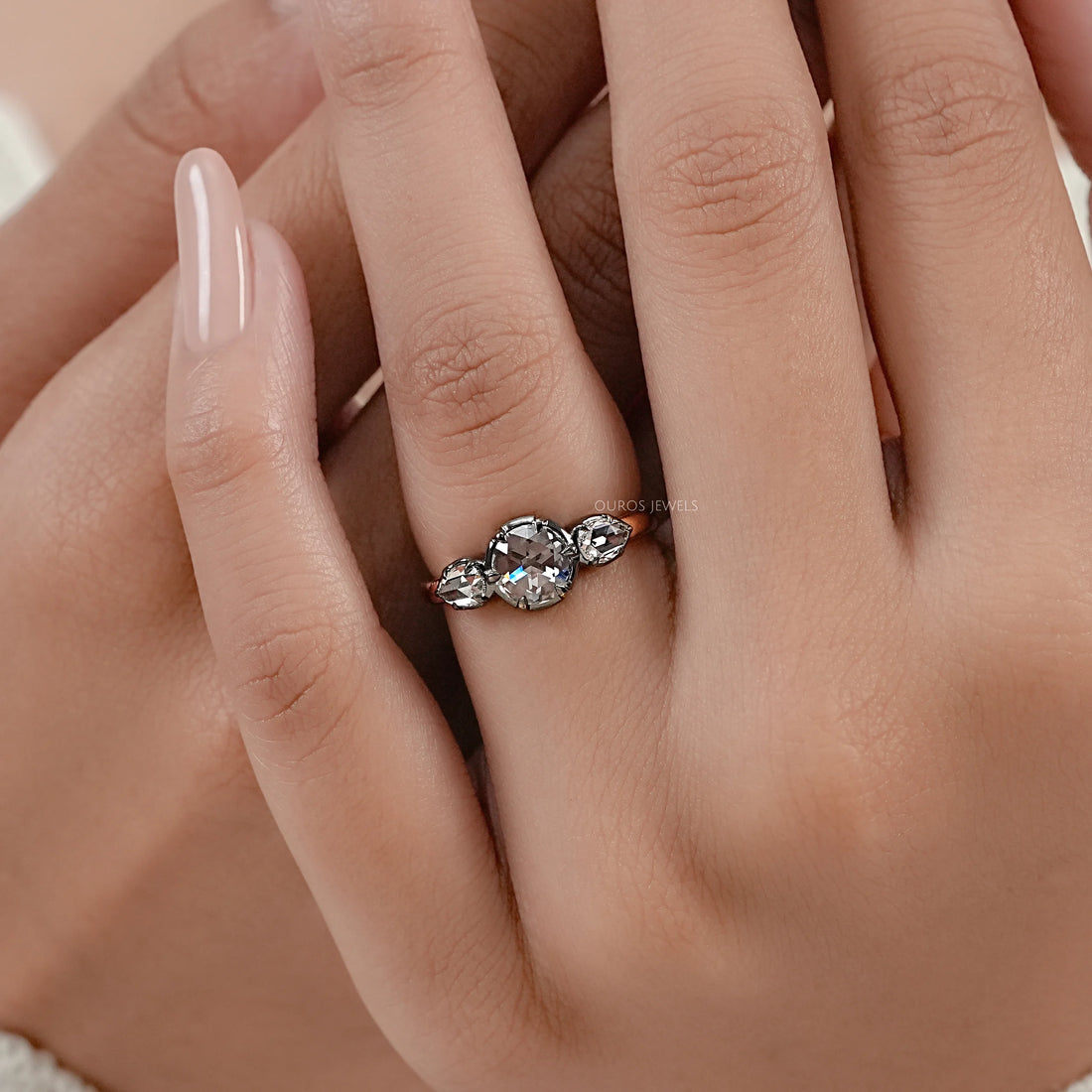Rose Cut Round And Pear Diamond Engagement Ring Ring