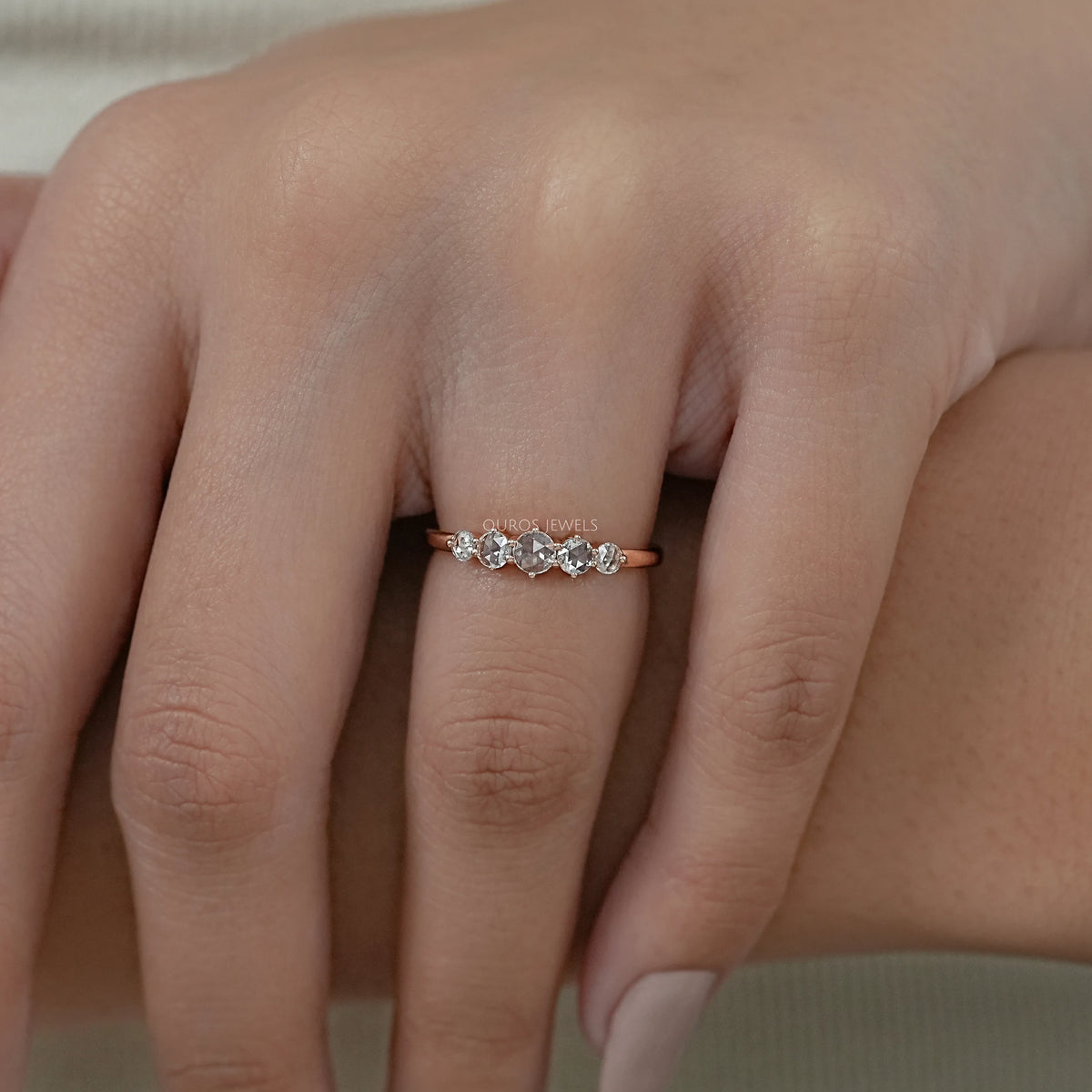 Five Stone Rose Cut Round Diamond Engagement Ring
