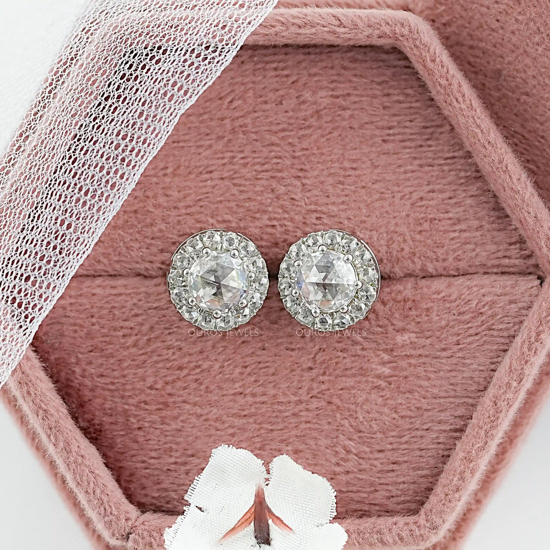 Rose Cut Round Diamond Halo Stud Earrings Earring