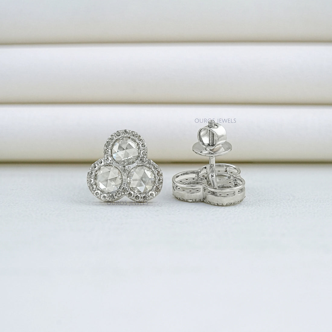 Trio Rose Cut Round Diamond Halo Stud Earrings Earring